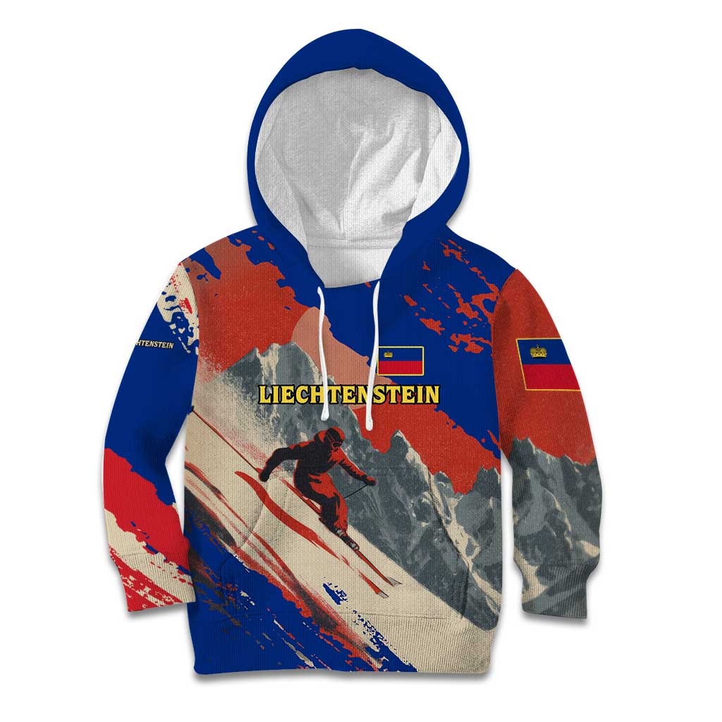 Liechtenstein Kid Hoodie with Alpine Skiing Red Blue Design and Mountain Landscape - Wonder Print Shop