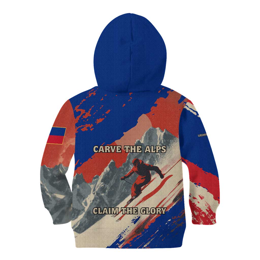 Liechtenstein Kid Hoodie with Alpine Skiing Red Blue Design and Mountain Landscape - Wonder Print Shop