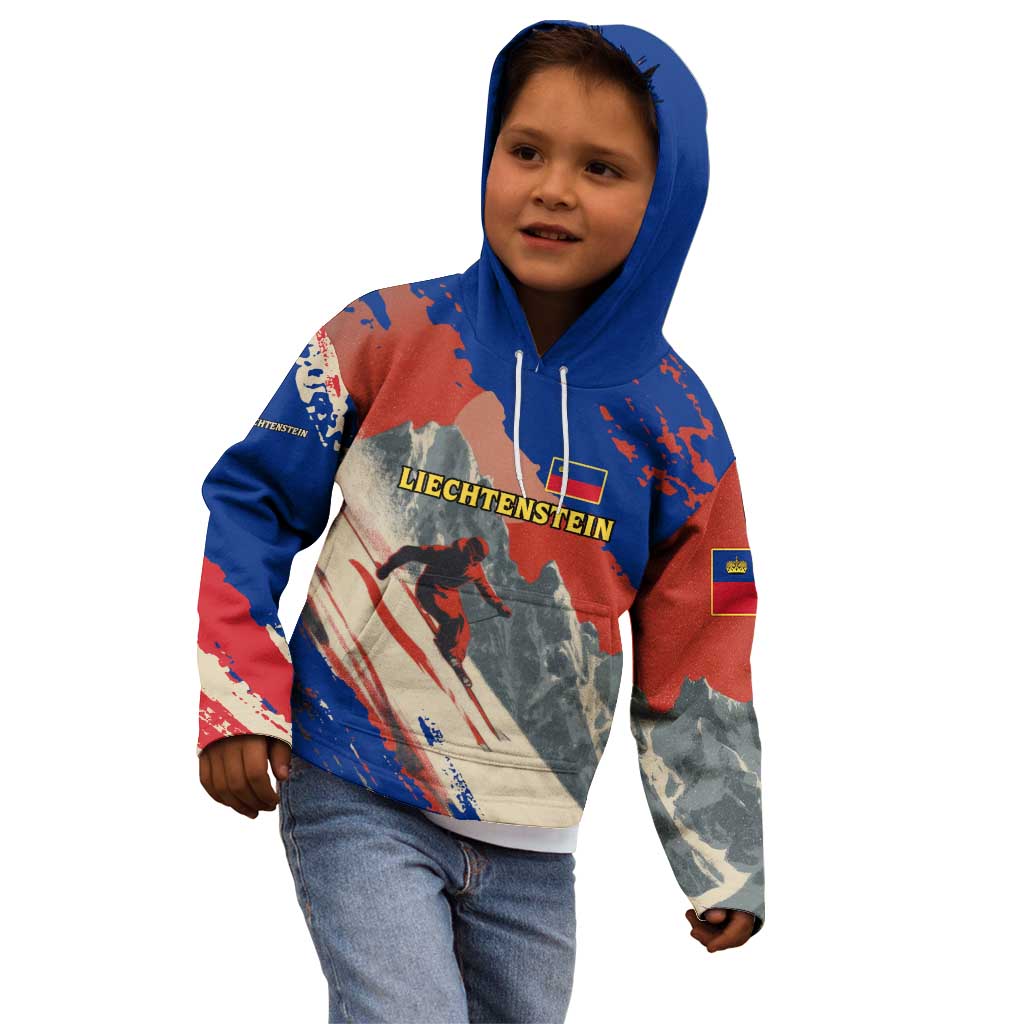 Liechtenstein Kid Hoodie with Alpine Skiing Red Blue Design and Mountain Landscape - Wonder Print Shop
