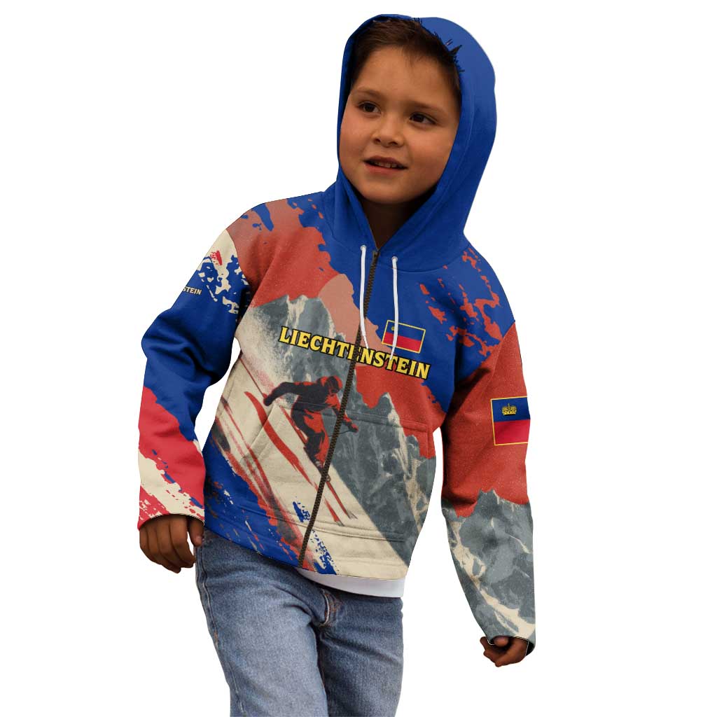 Liechtenstein Kid Hoodie with Alpine Skiing Red Blue Design and Mountain Landscape - Wonder Print Shop