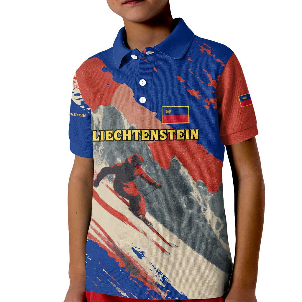 Liechtenstein Kid Polo Shirt with Alpine Skiing Red Blue Design and Mountain Landscape - Wonder Print Shop