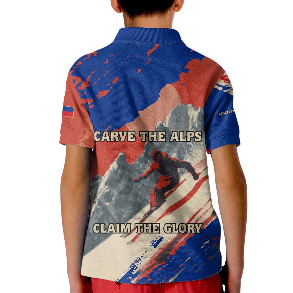 Liechtenstein Kid Polo Shirt with Alpine Skiing Red Blue Design and Mountain Landscape - Wonder Print Shop