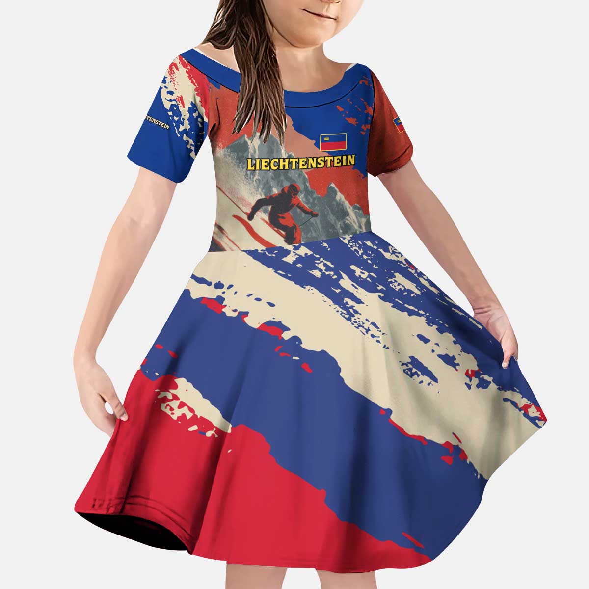 Liechtenstein Kid Short Sleeve Dress with Alpine Skiing Red Blue Design and Mountain Landscape - Wonder Print Shop