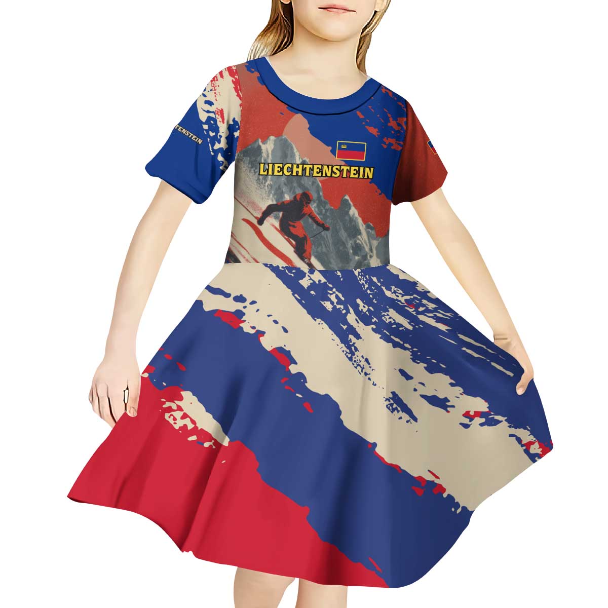 Liechtenstein Kid Short Sleeve Dress with Alpine Skiing Red Blue Design and Mountain Landscape - Wonder Print Shop