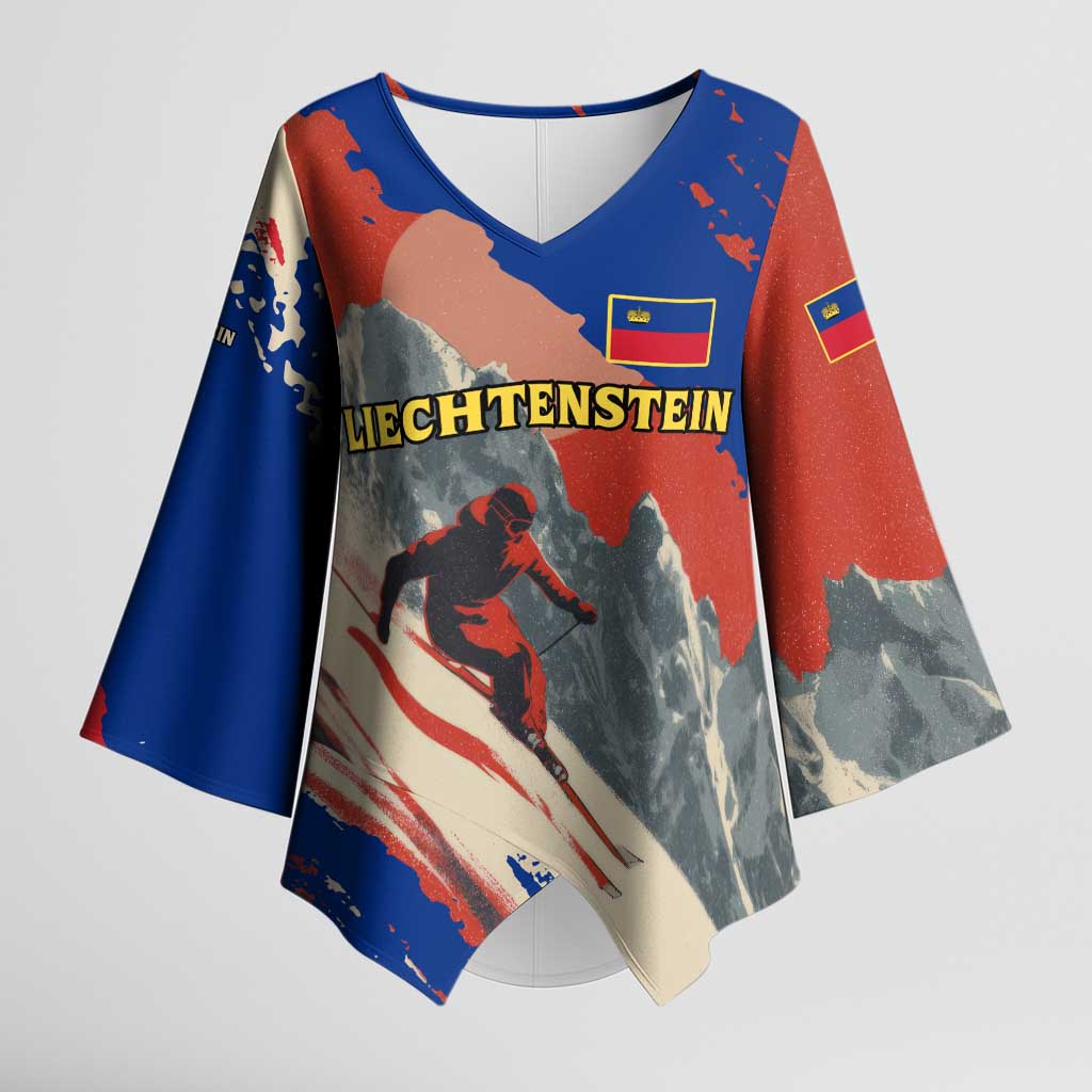 Liechtenstein Kimono Sleeve Blouse with Alpine Skiing Red Blue Design and Mountain Landscape - Wonder Print Shop