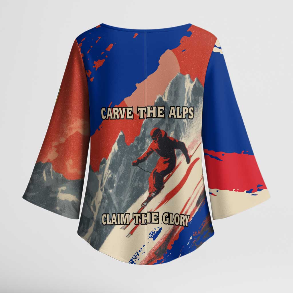 Liechtenstein Kimono Sleeve Blouse with Alpine Skiing Red Blue Design and Mountain Landscape - Wonder Print Shop