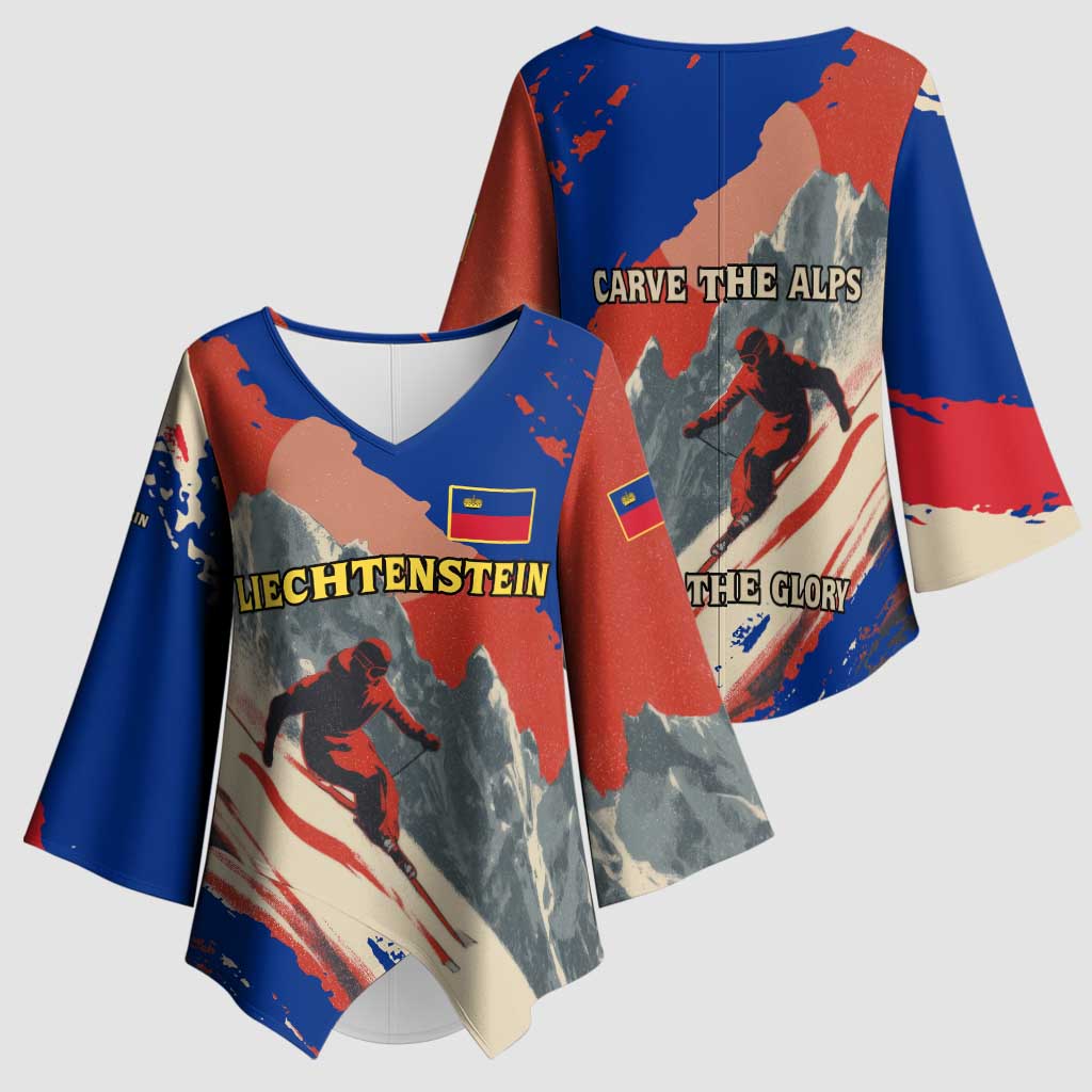 Liechtenstein Kimono Sleeve Blouse with Alpine Skiing Red Blue Design and Mountain Landscape - Wonder Print Shop