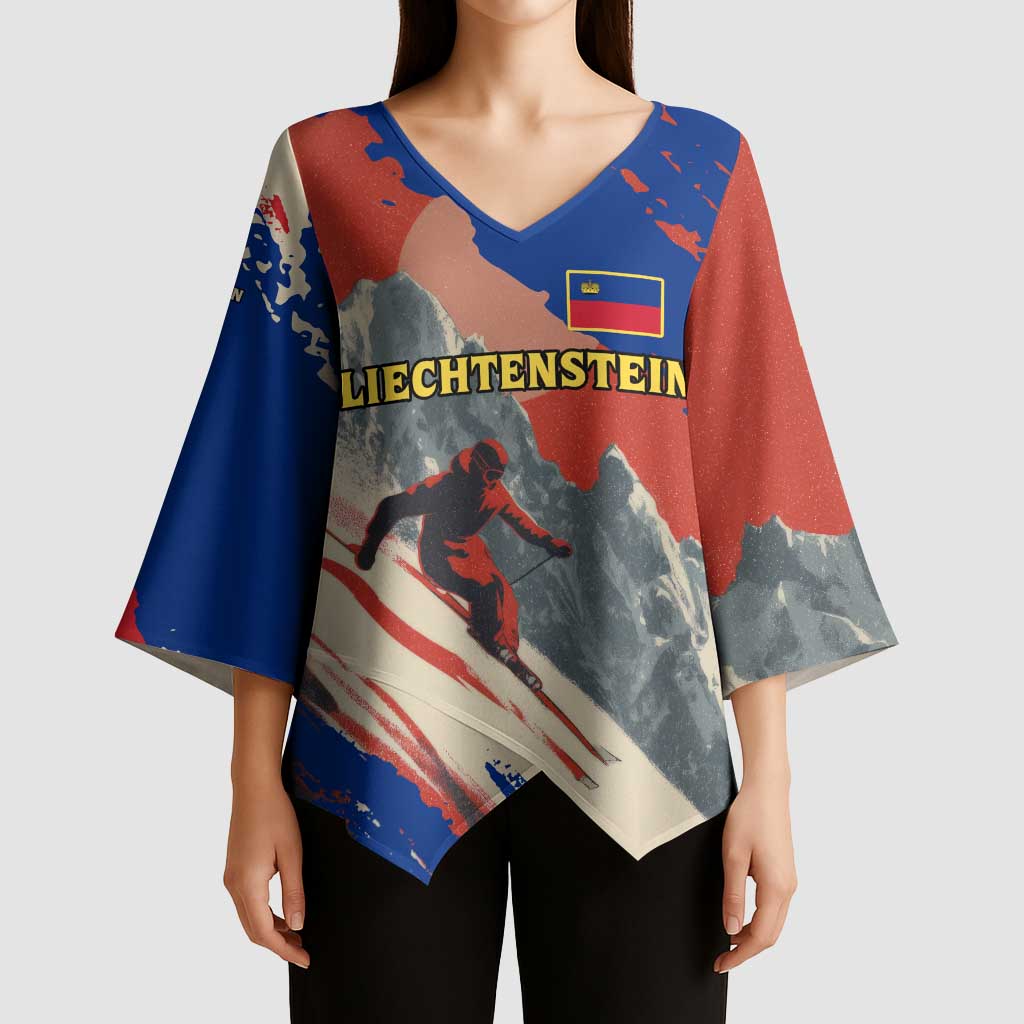 Liechtenstein Kimono Sleeve Blouse with Alpine Skiing Red Blue Design and Mountain Landscape - Wonder Print Shop
