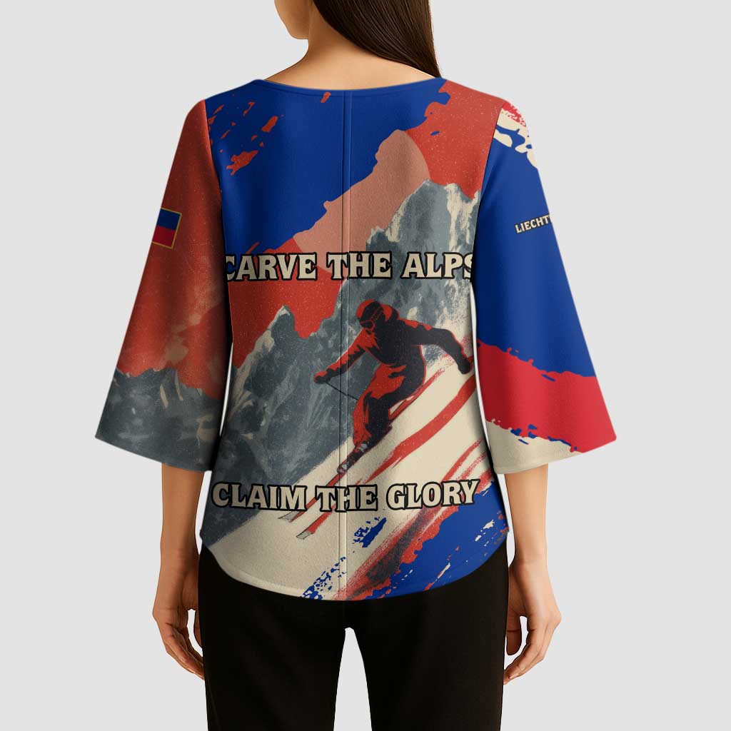 Liechtenstein Kimono Sleeve Blouse with Alpine Skiing Red Blue Design and Mountain Landscape - Wonder Print Shop