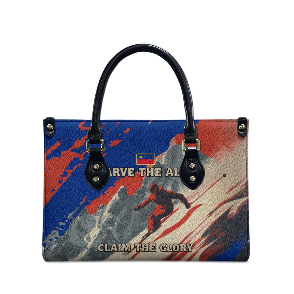 Liechtenstein Leather Bag with Alpine Skiing Red Blue Design and Mountain Landscape - Wonder Print Shop