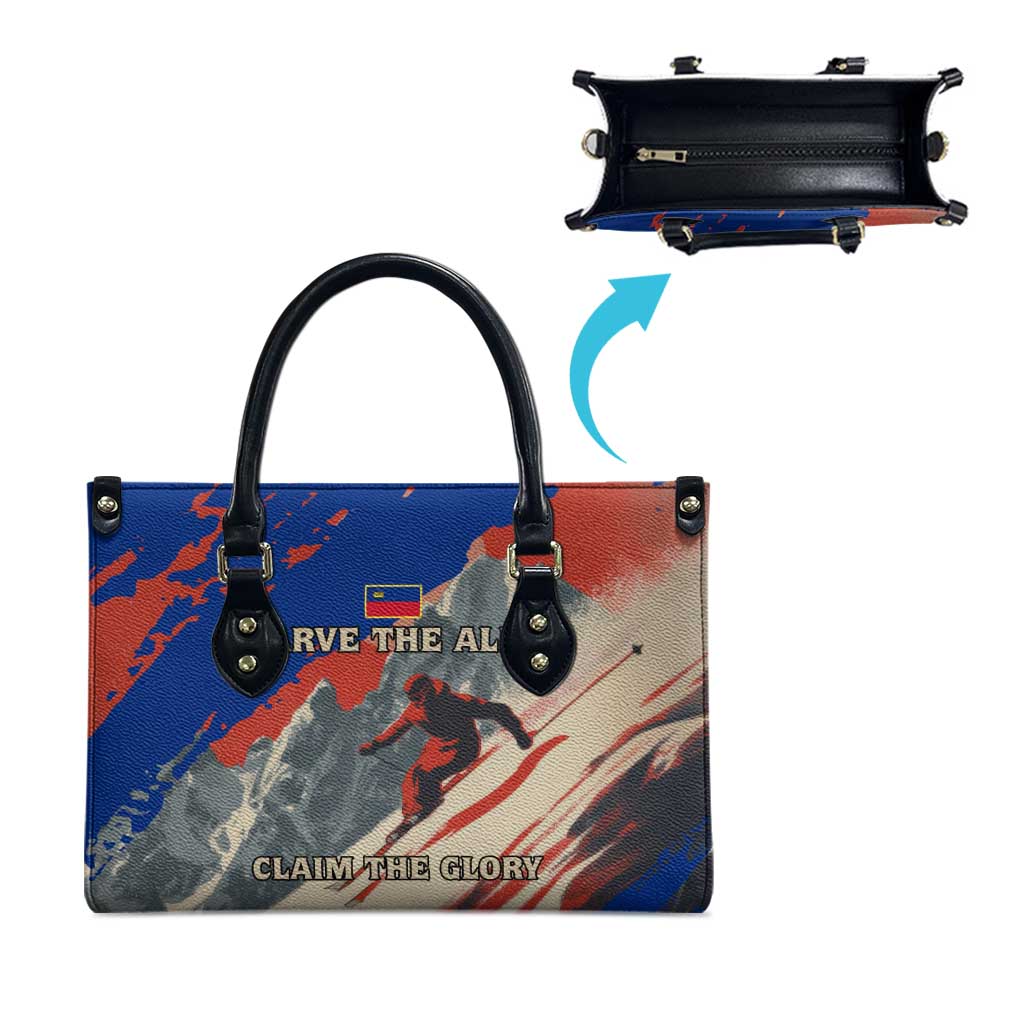 Liechtenstein Leather Bag with Alpine Skiing Red Blue Design and Mountain Landscape - Wonder Print Shop