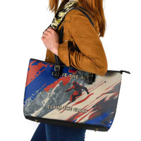 Liechtenstein Leather Tote Bag with Alpine Skiing Red Blue Design and Mountain Landscape - Wonder Print Shop