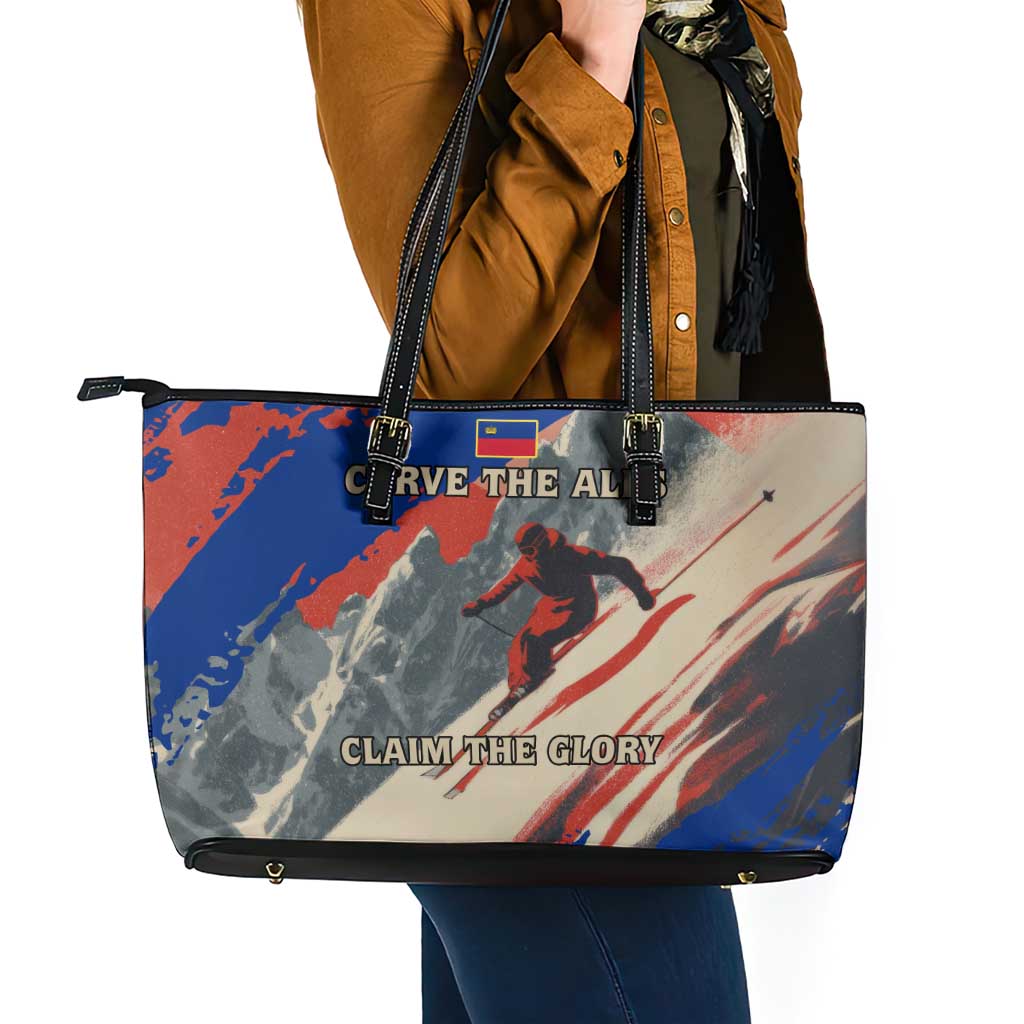 Liechtenstein Leather Tote Bag with Alpine Skiing Red Blue Design and Mountain Landscape - Wonder Print Shop