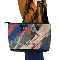 Liechtenstein Leather Tote Bag with Alpine Skiing Red Blue Design and Mountain Landscape - Wonder Print Shop