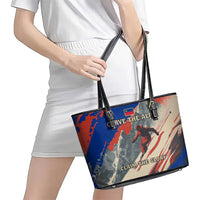 Liechtenstein Leather Tote Bag with Alpine Skiing Red Blue Design and Mountain Landscape - Wonder Print Shop