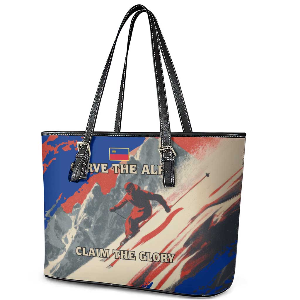 Liechtenstein Leather Tote Bag with Alpine Skiing Red Blue Design and Mountain Landscape - Wonder Print Shop