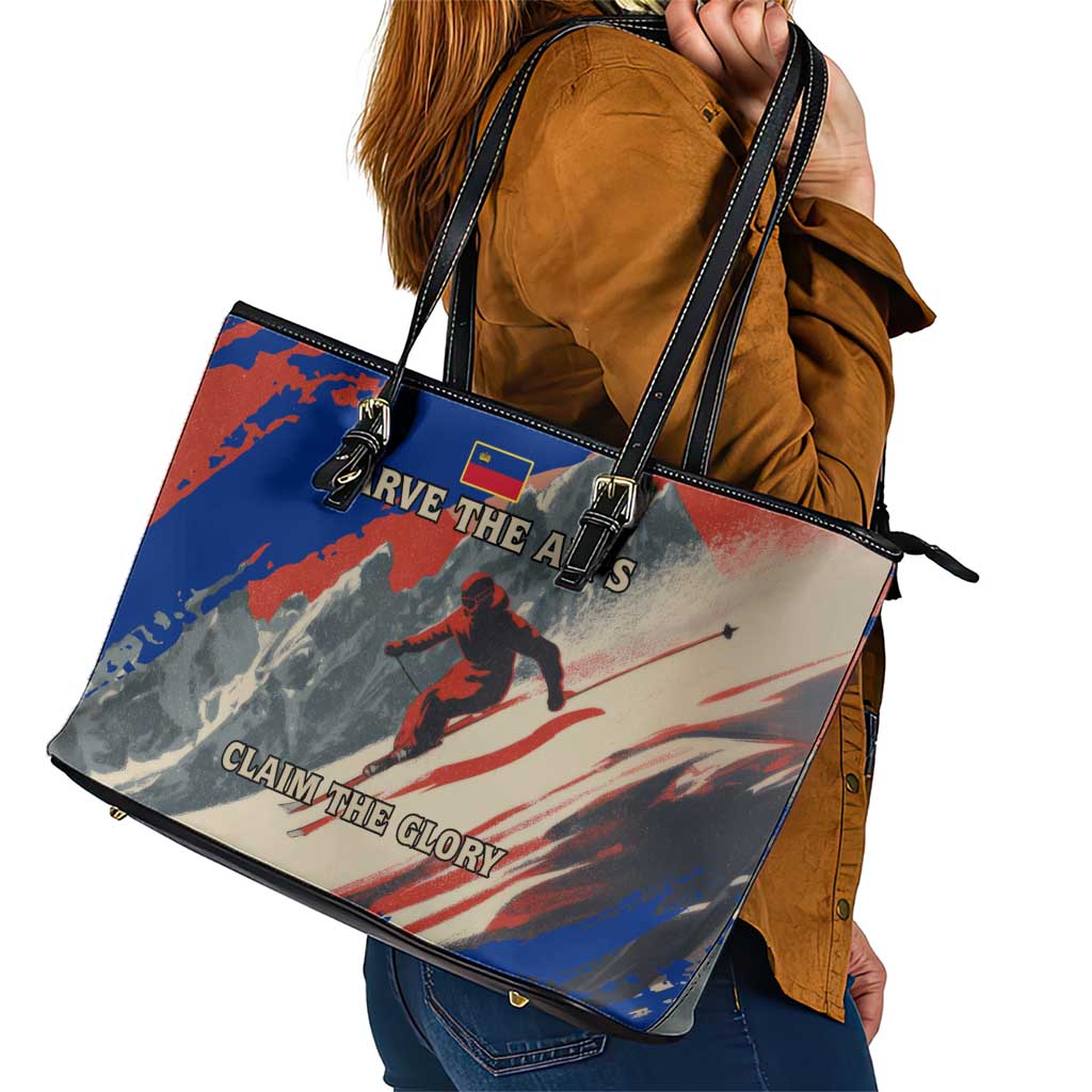 Liechtenstein Leather Tote Bag with Alpine Skiing Red Blue Design and Mountain Landscape - Wonder Print Shop