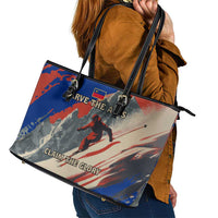 Liechtenstein Leather Tote Bag with Alpine Skiing Red Blue Design and Mountain Landscape - Wonder Print Shop