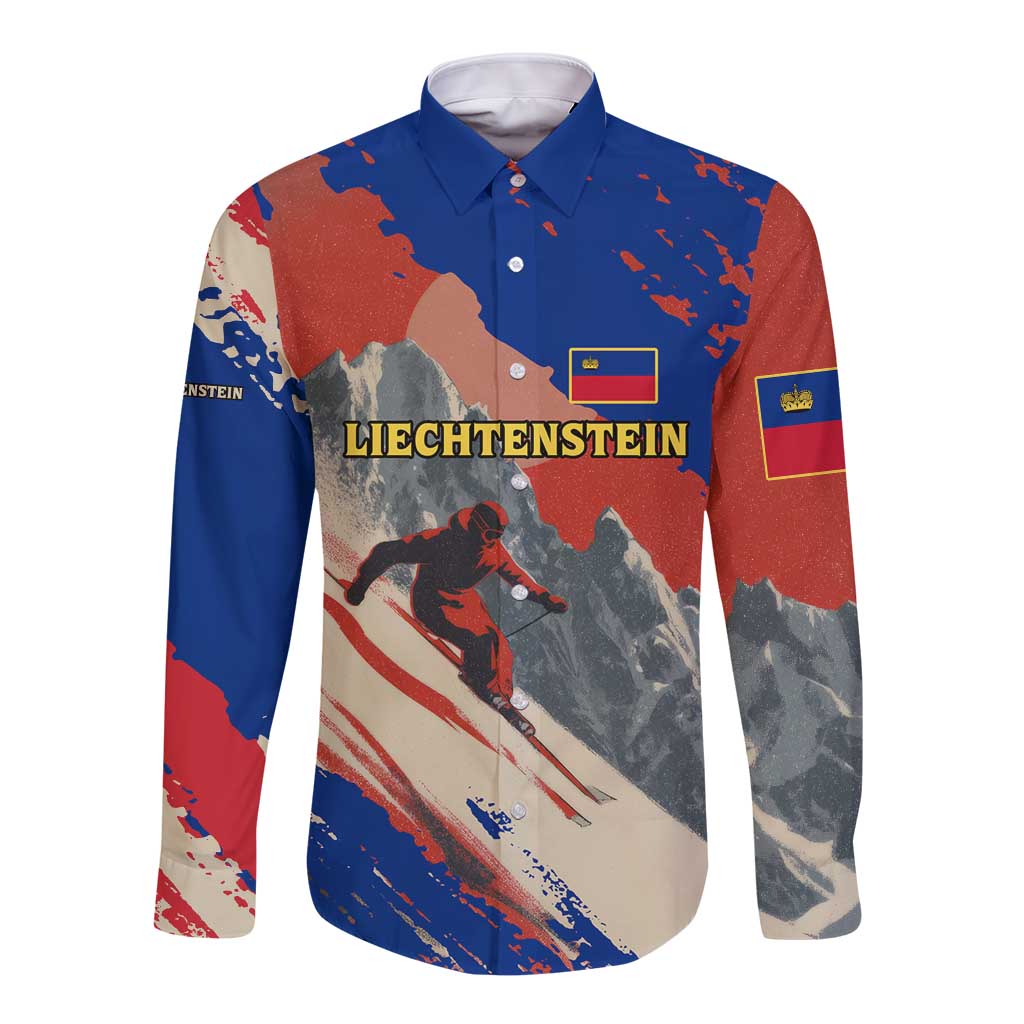 Liechtenstein Long Sleeve Button Shirt with Alpine Skiing Red Blue Design and Mountain Landscape - Wonder Print Shop