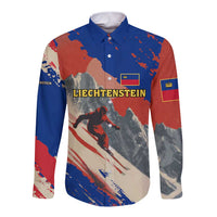 Liechtenstein Long Sleeve Button Shirt with Alpine Skiing Red Blue Design and Mountain Landscape - Wonder Print Shop