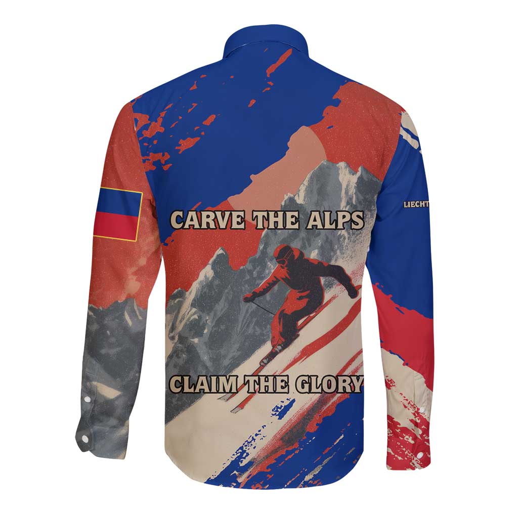 Liechtenstein Long Sleeve Button Shirt with Alpine Skiing Red Blue Design and Mountain Landscape - Wonder Print Shop