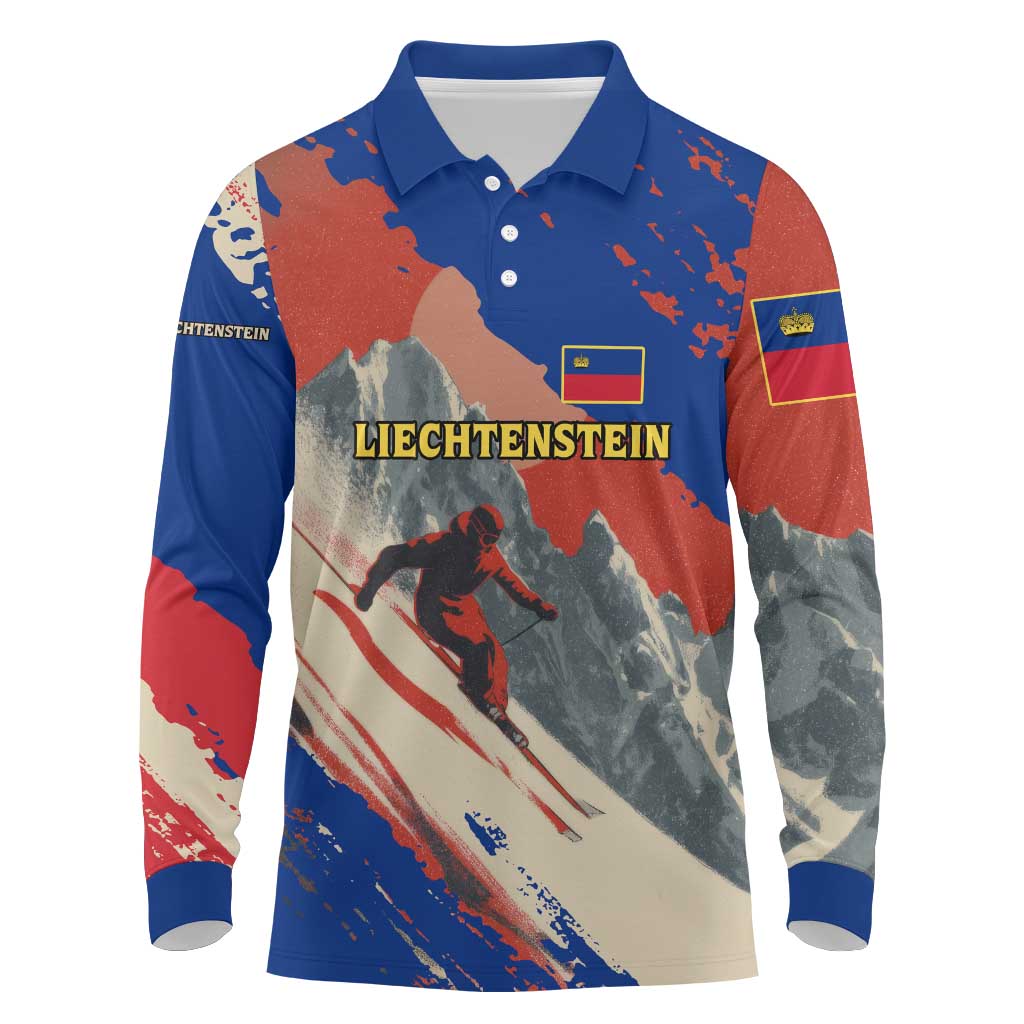 Liechtenstein Long Sleeve Polo Shirt with Alpine Skiing Red Blue Design and Mountain Landscape - Wonder Print Shop