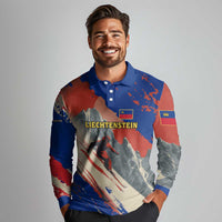 Liechtenstein Long Sleeve Polo Shirt with Alpine Skiing Red Blue Design and Mountain Landscape - Wonder Print Shop