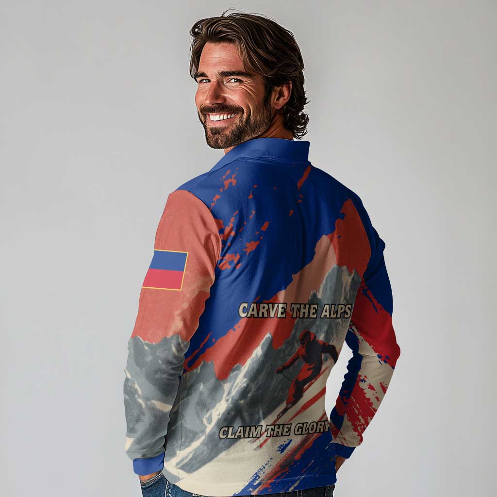 Liechtenstein Long Sleeve Polo Shirt with Alpine Skiing Red Blue Design and Mountain Landscape - Wonder Print Shop