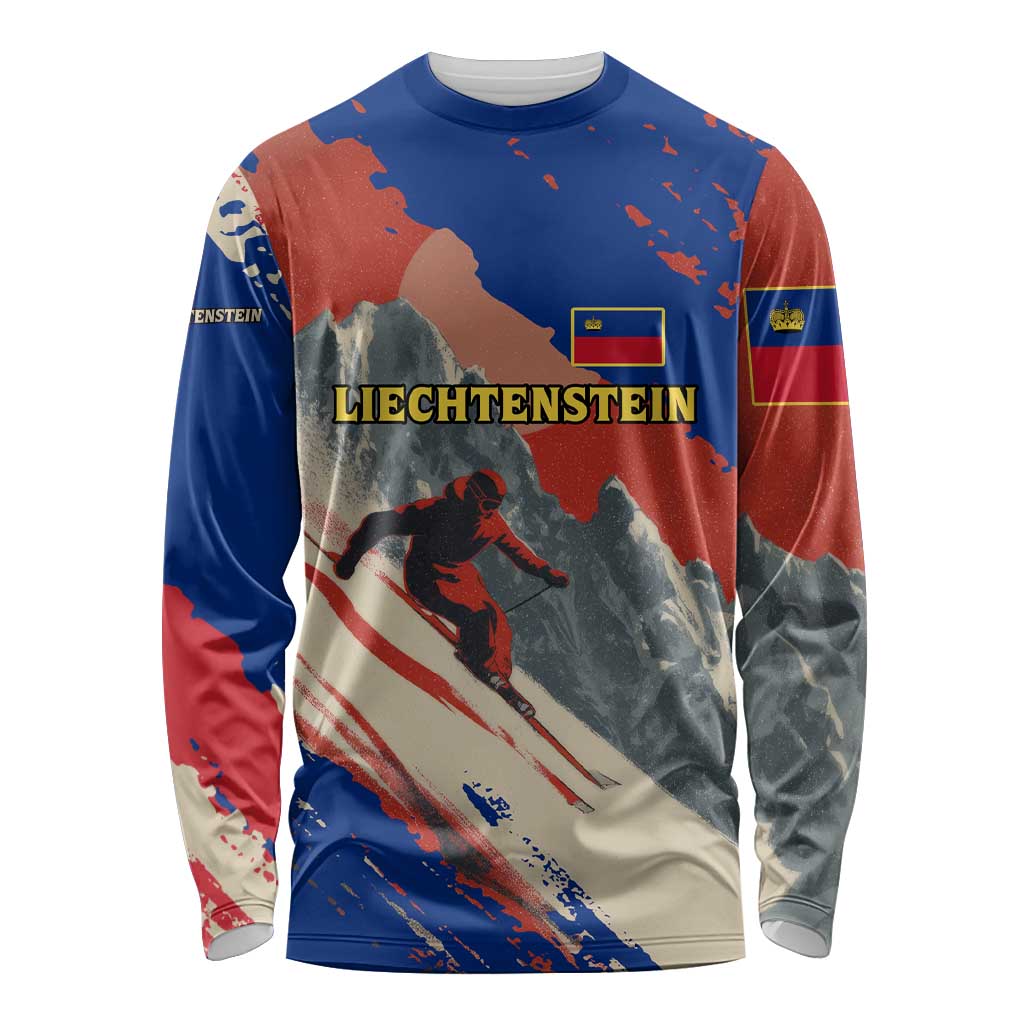 Liechtenstein Long Sleeve Shirt with Alpine Skiing Red Blue Design and Mountain Landscape - Wonder Print Shop