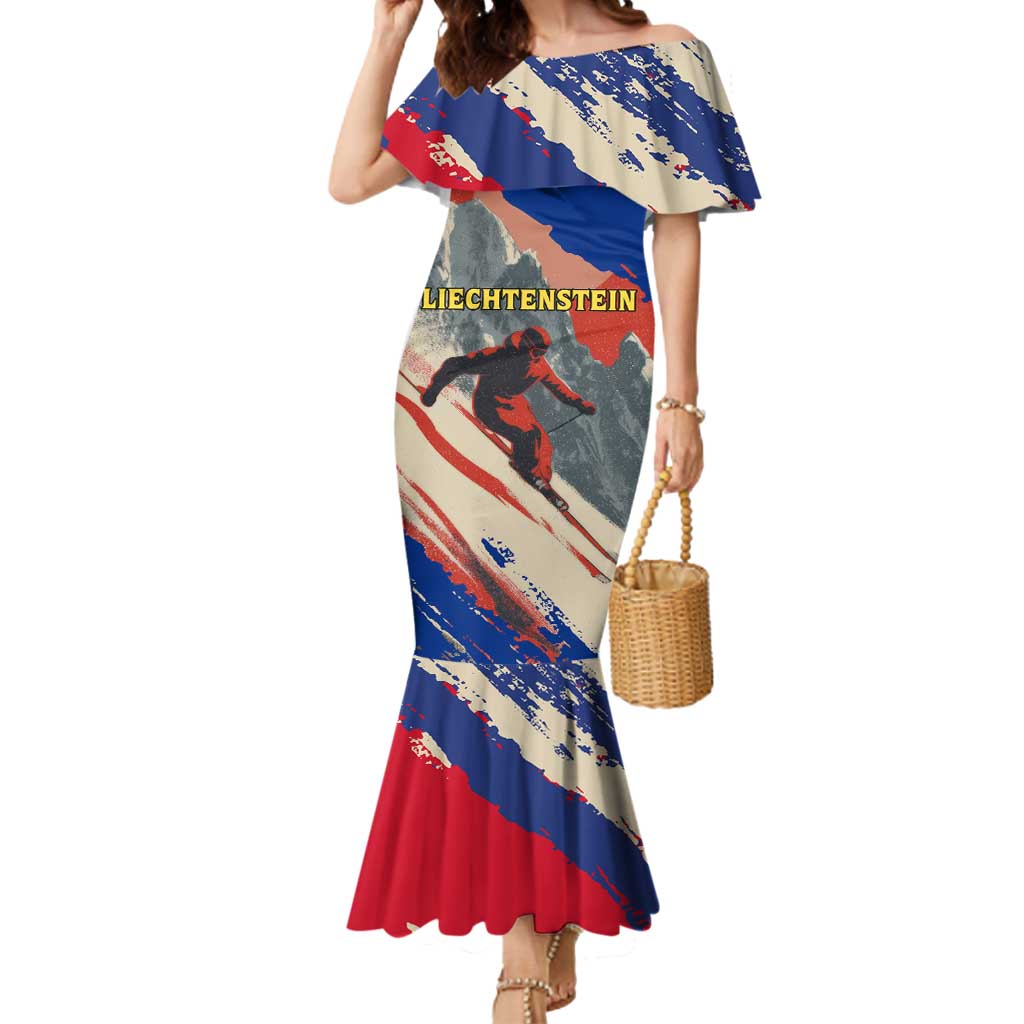 Liechtenstein Mermaid Dress with Alpine Skiing Red Blue Design and Mountain Landscape - Wonder Print Shop