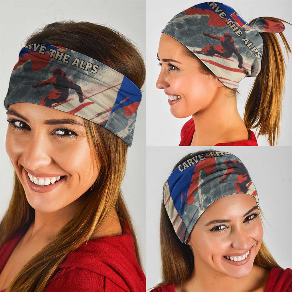 Liechtenstein Neck Gaiter with Alpine Skiing Red Blue Design and Mountain Landscape - Wonder Print Shop