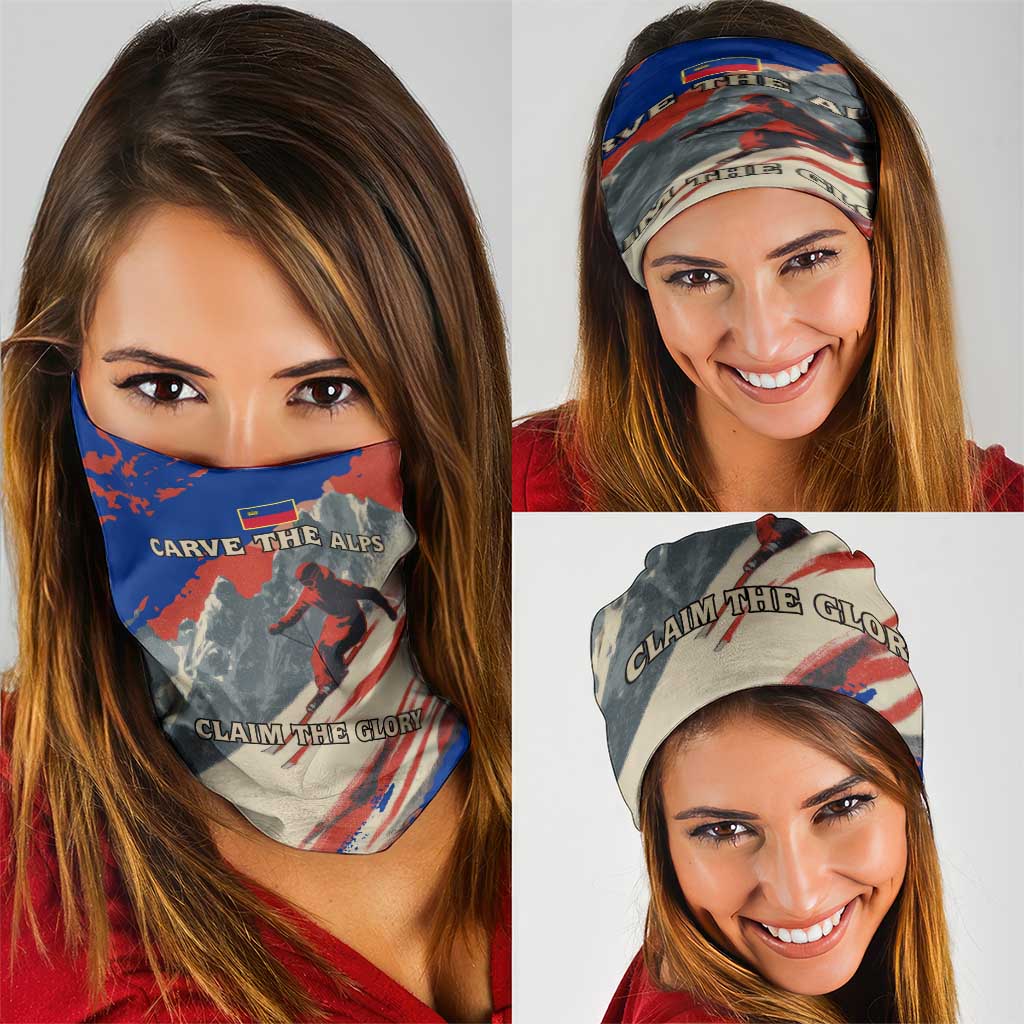 Liechtenstein Neck Gaiter with Alpine Skiing Red Blue Design and Mountain Landscape - Wonder Print Shop