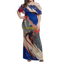 Liechtenstein Off Shoulder Maxi Dress with Alpine Skiing Red Blue Design and Mountain Landscape - Wonder Print Shop