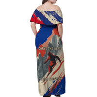 Liechtenstein Off Shoulder Maxi Dress with Alpine Skiing Red Blue Design and Mountain Landscape - Wonder Print Shop