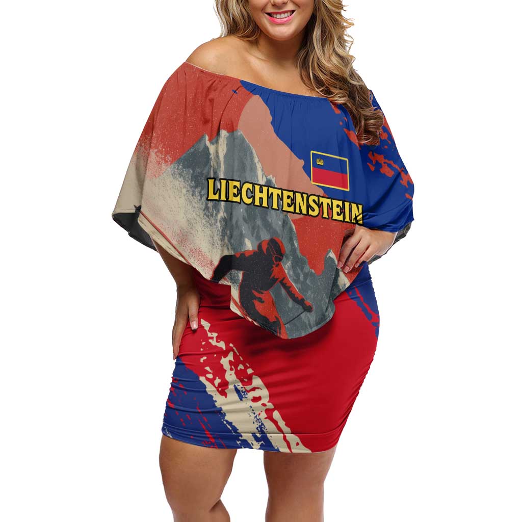 Liechtenstein Off Shoulder Short Dress with Alpine Skiing Red Blue Design and Mountain Landscape - Wonder Print Shop