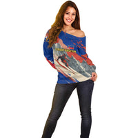 Liechtenstein Off Shoulder Sweater with Alpine Skiing Red Blue Design and Mountain Landscape - Wonder Print Shop