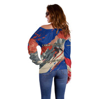 Liechtenstein Off Shoulder Sweater with Alpine Skiing Red Blue Design and Mountain Landscape - Wonder Print Shop
