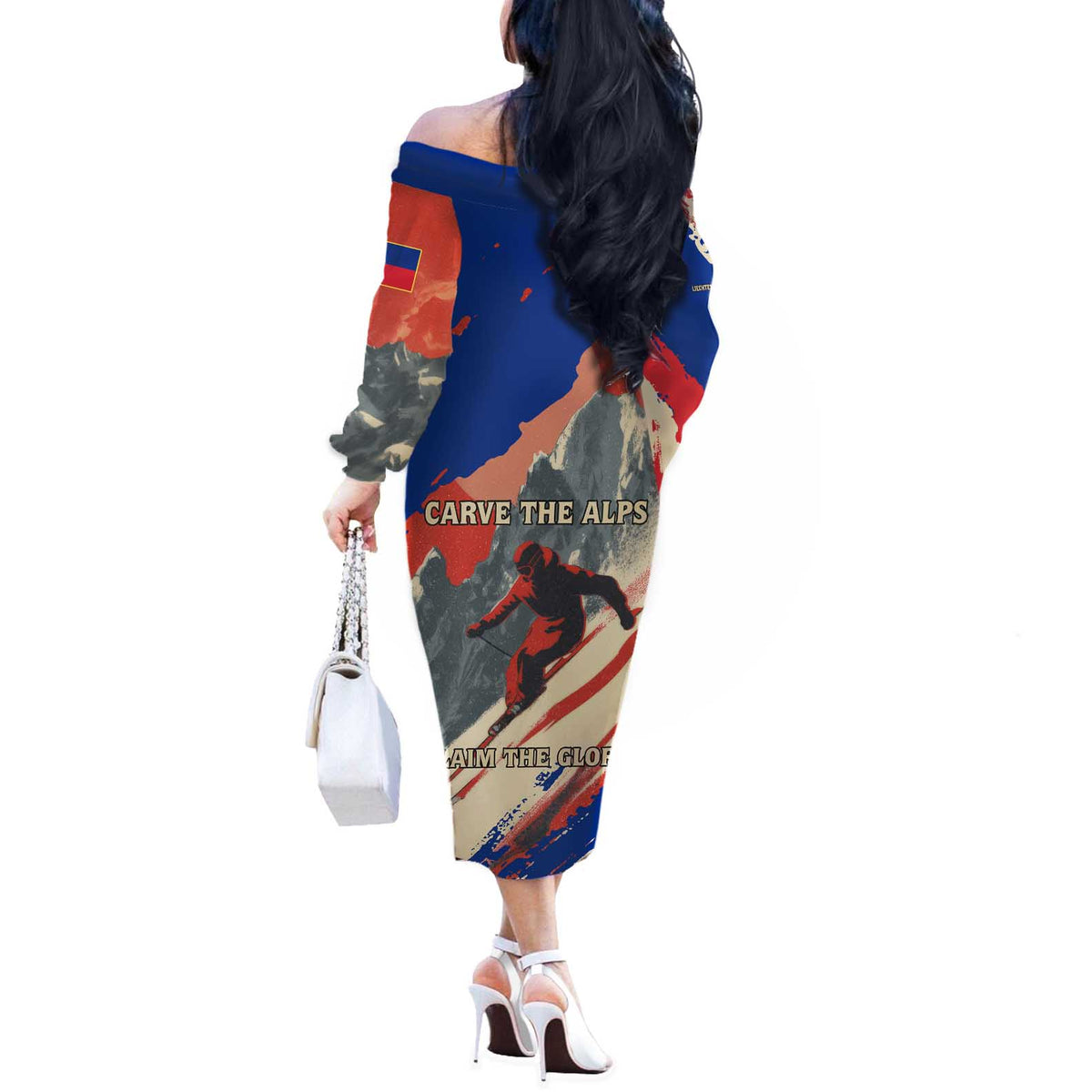 Liechtenstein Off The Shoulder Long Sleeve Dress with Alpine Skiing Red Blue Design and Mountain Landscape - Wonder Print Shop