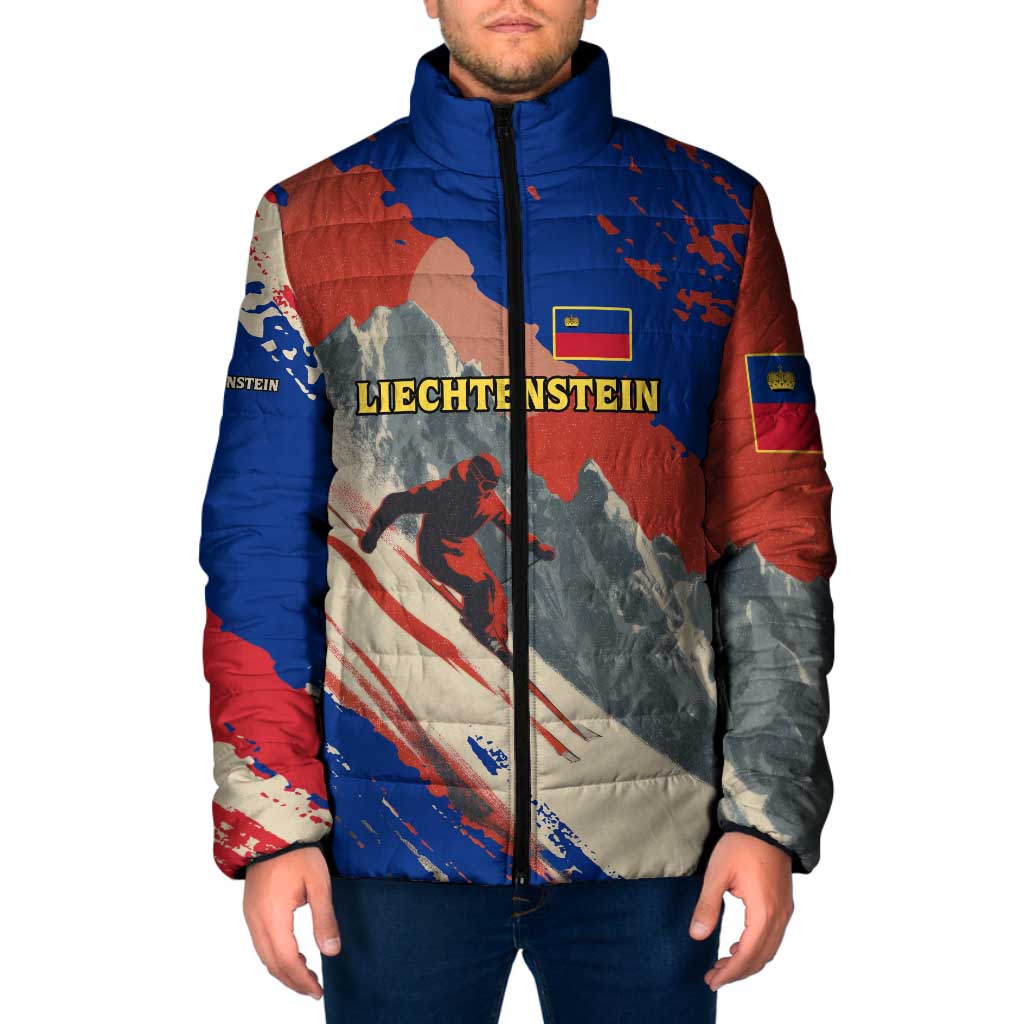 Liechtenstein Padded Jacket with Alpine Skiing Red Blue Design and Mountain Landscape - Wonder Print Shop