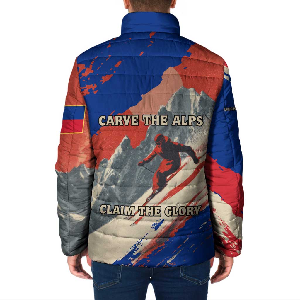 Liechtenstein Padded Jacket with Alpine Skiing Red Blue Design and Mountain Landscape - Wonder Print Shop