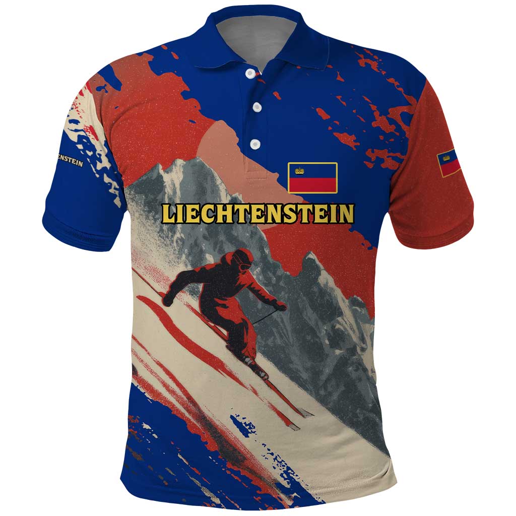 Liechtenstein Polo Shirt with Alpine Skiing Red Blue Design and Mountain Landscape - Wonder Print Shop