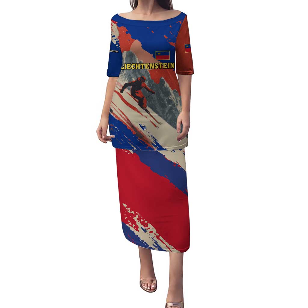 Liechtenstein Puletasi with Alpine Skiing Red Blue Design and Mountain Landscape - Wonder Print Shop