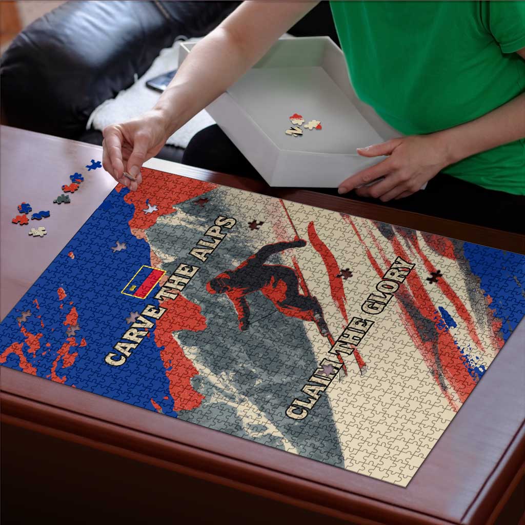 Liechtenstein Puzzle with Alpine Skiing Red Blue Design and Mountain Landscape - Wonder Print Shop