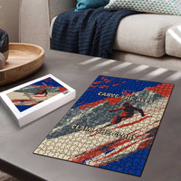 Liechtenstein Puzzle with Alpine Skiing Red Blue Design and Mountain Landscape - Wonder Print Shop