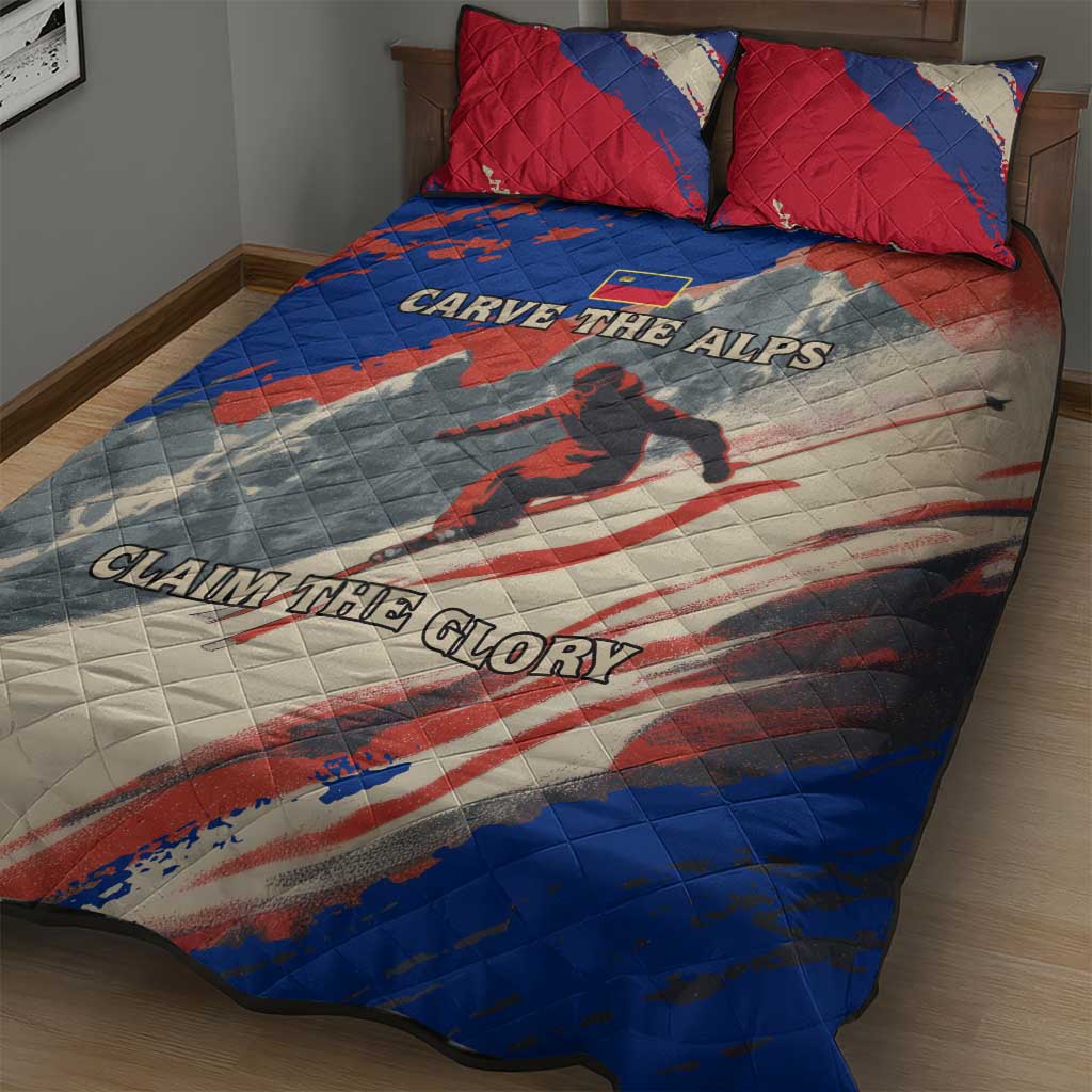 Liechtenstein Quilt Bed Set with Alpine Skiing Red Blue Design and Mountain Landscape - Wonder Print Shop