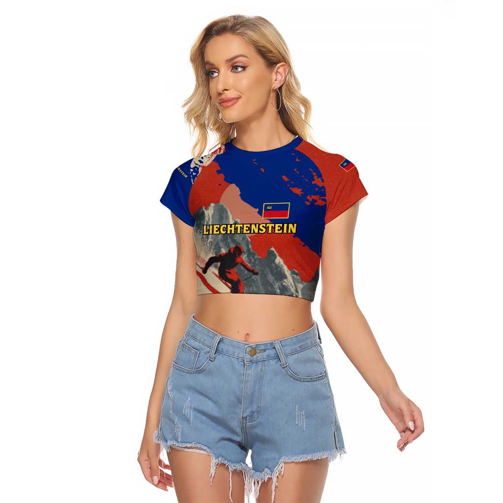 Liechtenstein Raglan Cropped T Shirt with Alpine Skiing Red Blue Design and Mountain Landscape - Wonder Print Shop