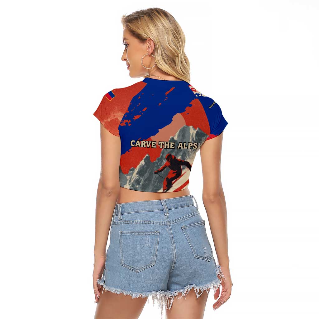 Liechtenstein Raglan Cropped T Shirt with Alpine Skiing Red Blue Design and Mountain Landscape - Wonder Print Shop