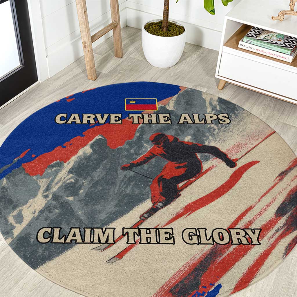 Liechtenstein Round Carpet with Alpine Skiing Red Blue Design and Mountain Landscape - Wonder Print Shop
