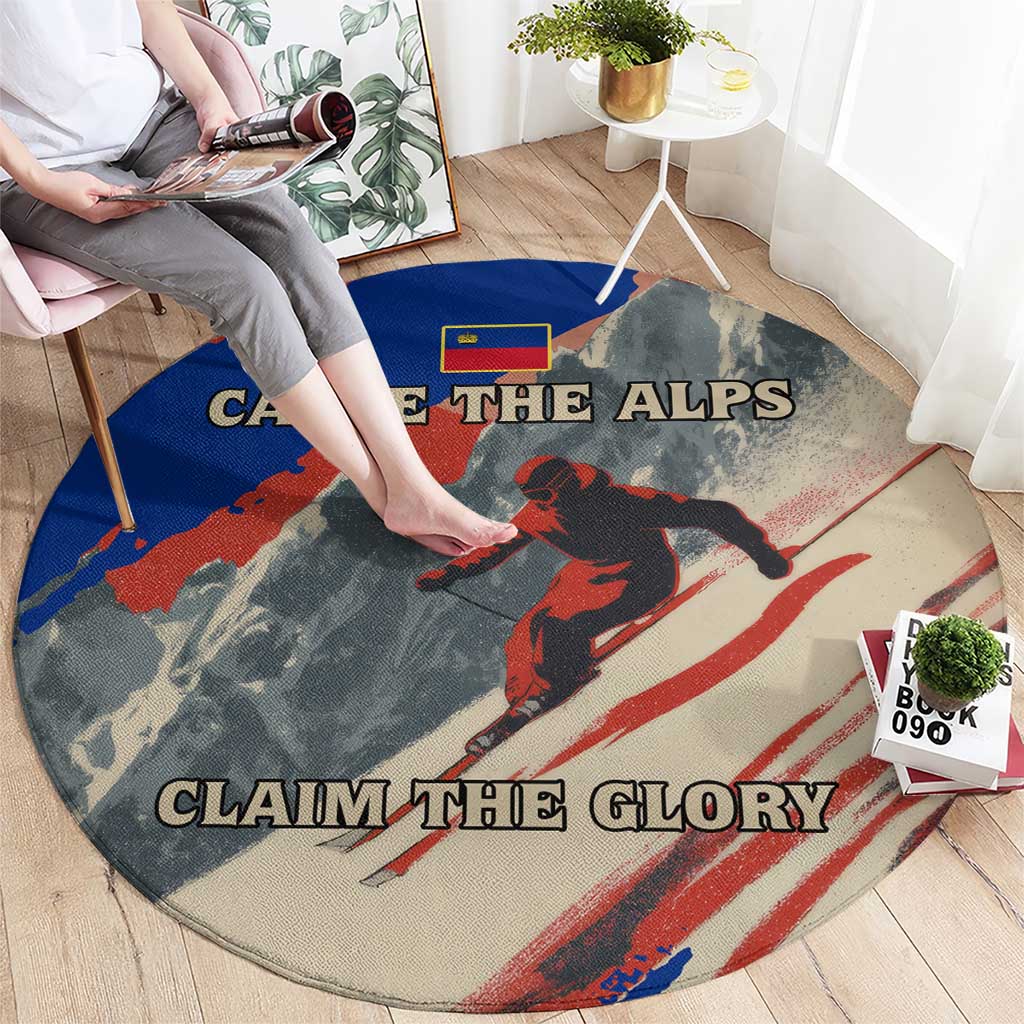 Liechtenstein Round Carpet with Alpine Skiing Red Blue Design and Mountain Landscape - Wonder Print Shop