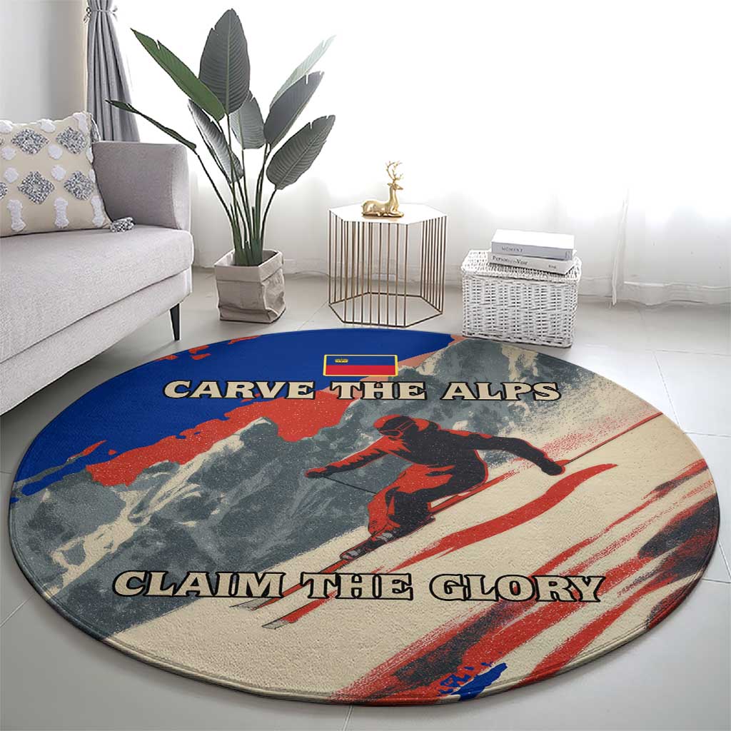 Liechtenstein Round Carpet with Alpine Skiing Red Blue Design and Mountain Landscape - Wonder Print Shop